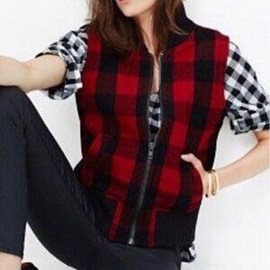 Madewell | Red and Black Buffalo Check Wool + Sheep Lined Zip Up XS Vest